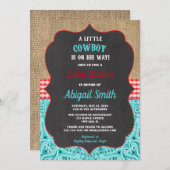 カウボーイティール（緑がかった色）レッドバーラップ素朴な男の子の赤ちゃんシャワー 招待状 (正面/裏面)