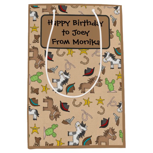 カウボーイテーマ抱き枕と編集可能文字ボックス ミディアムペーパーバッグ (正面)