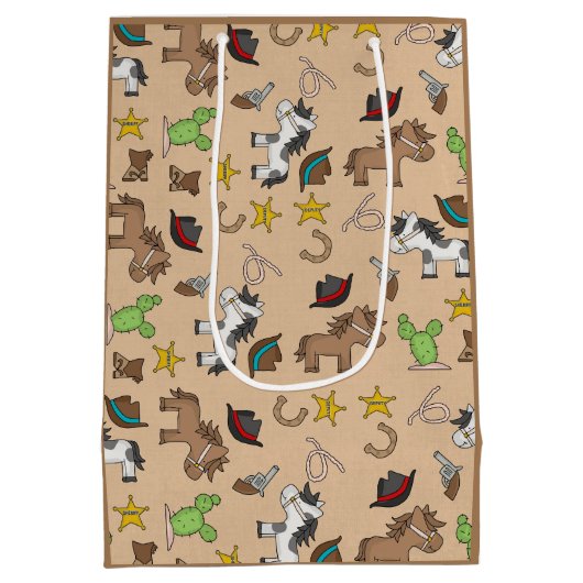 カウボーイテーマ抱き枕と編集可能文字ボックス ミディアムペーパーバッグ (裏面)
