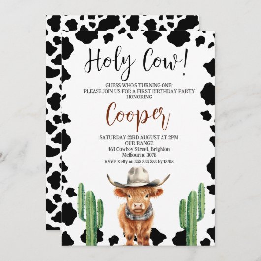 カウボーイハイランド牛の聖なる牛の誕生日 招待状 (正面/裏面)