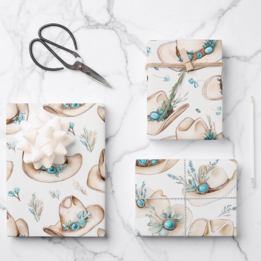 カウボーイハッツウェスタンターコイズジュエリー ラッピングペーパーシート (正面)