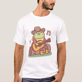 カウボーイハットとギターを持つかわいいカエル Tシャツ