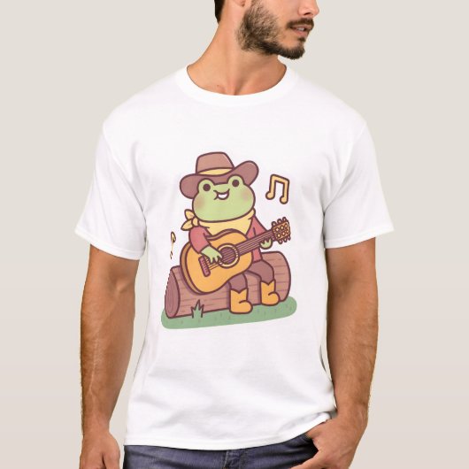 カウボーイハットとギターを持つかわいいカエル Tシャツ (正面)