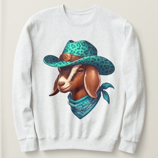 カウボーイハットとスタイリッシュバンダナを着たヤギ スウェットシャツ (デザイン正面)