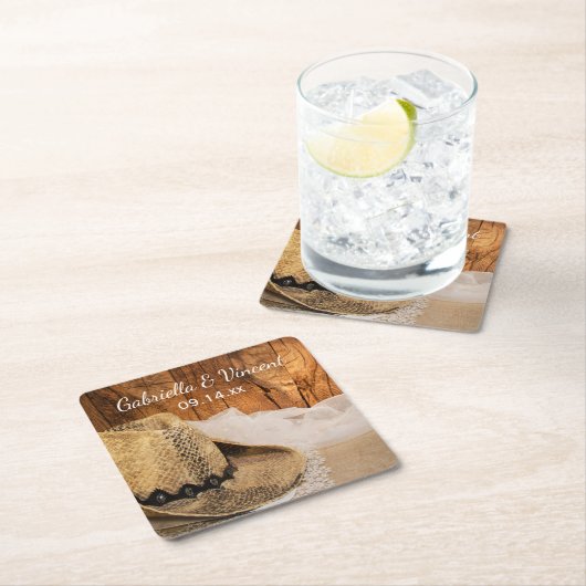 カウボーイハットとバーンウッドカントリー結婚ウェスタン スクエアペーパーコースター (インサイチュ)