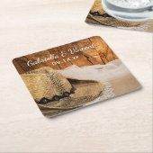 カウボーイハットとバーンウッドカントリー結婚ウェスタン スクエアペーパーコースター (アングル)