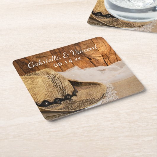 カウボーイハットとバーンウッドカントリー結婚ウェスタン スクエアペーパーコースター (アングル)