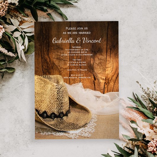 カウボーイハットとバーンウッドカントリー結婚ウェスタン 招待状