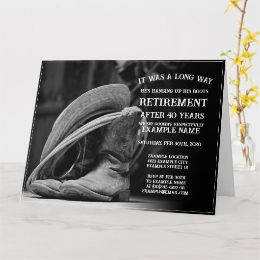 カウボーイハットとブーツを使用した退職発表 カード (黄色い花)