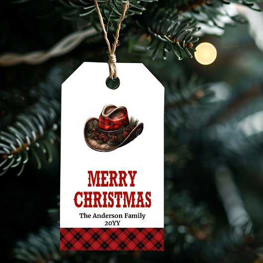 カウボーイハットの付いた編集可能なウエスタン クリスマスタグ ギフトタグ