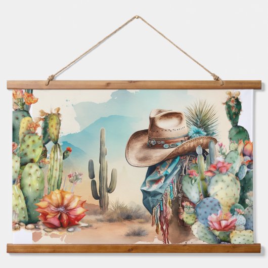 カウボーイハットの水の色は、西部の風景をサボテン 吊り下げ型タペストリー (正面)
