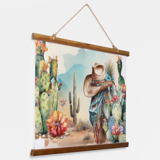 カウボーイハットの水の色は、西部の風景をサボテン 吊り下げ型タペストリー (傾斜あり)