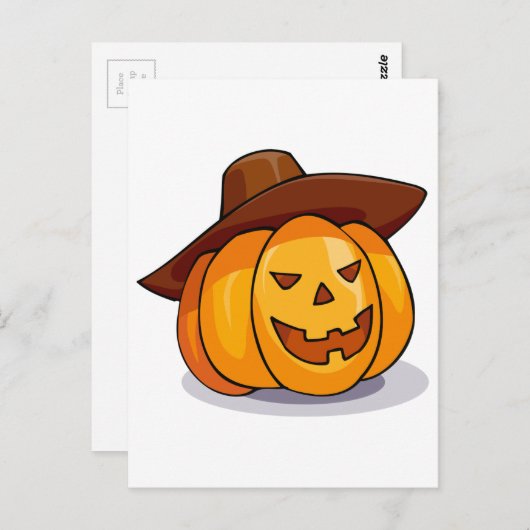 カウボーイハットをかぶった漫画のジャック・オ・ランタンのカボチャ ポストカード (正面/裏面)