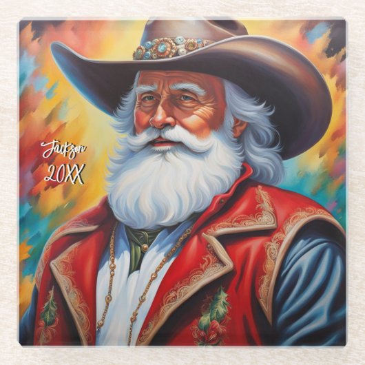 カウボーイハットクリスマスのサンタクロース ガラスコースター (正面)