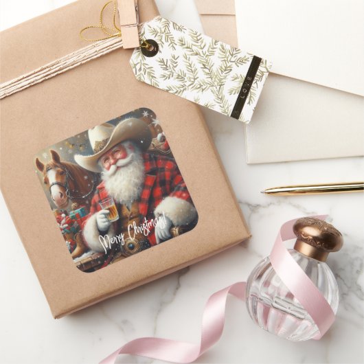 カウボーイハットクリスマスのサンタクロース スクエアシール (ギフト)