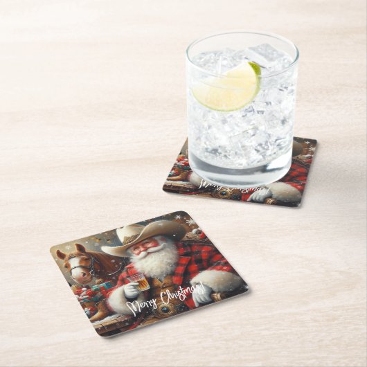 カウボーイハットクリスマスのサンタクロース スクエアペーパーコースター (インサイチュ)