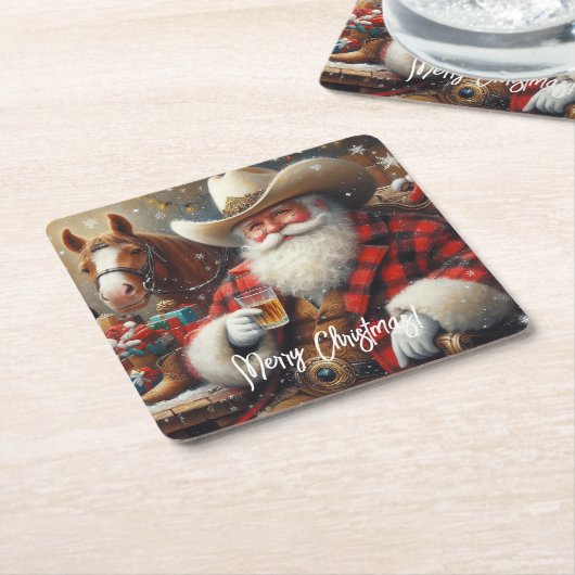 カウボーイハットクリスマスのサンタクロース スクエアペーパーコースター (アングル)