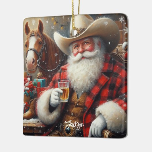 カウボーイハットクリスマスのサンタクロース セラミックオーナメント (左)