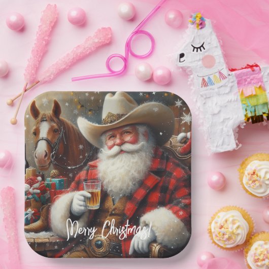 カウボーイハットクリスマスのサンタクロース ペーパープレート (パーティー)