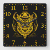 カウボーイハットゴールデンバッファローアート スクエア壁時計 (正面)