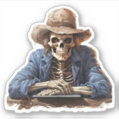 カウボーイハットハロウィーンを着た漫画のスケルトン シール (正面)
