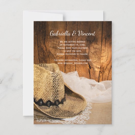 カウボーイハットバーンウッドウェスタンウェスタンウェディングデートを保存 マグネット招待状 (正面)