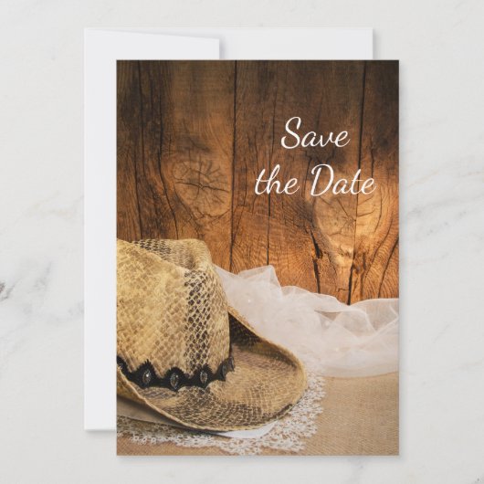 カウボーイハットバーンウッドウェスタンウェスタンウェディングデートを保存 招待状 (正面)