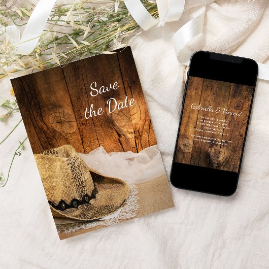 カウボーイハットバーンウッドウェスタンウェスタンウェディングデートを保存 招待状