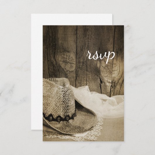 カウボーイハットバーンウッドカントリーウェディングRSVPセピア 出欠カード (正面/裏面)