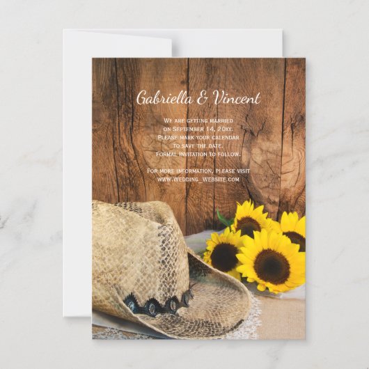 カウボーイハット、ひまわりバーンドウェディング日付を保存 マグネット招待状 (正面)
