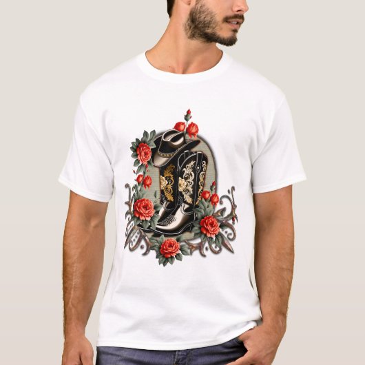 カウボーイハート:ブーツと花の詩。 Tシャツ (正面)