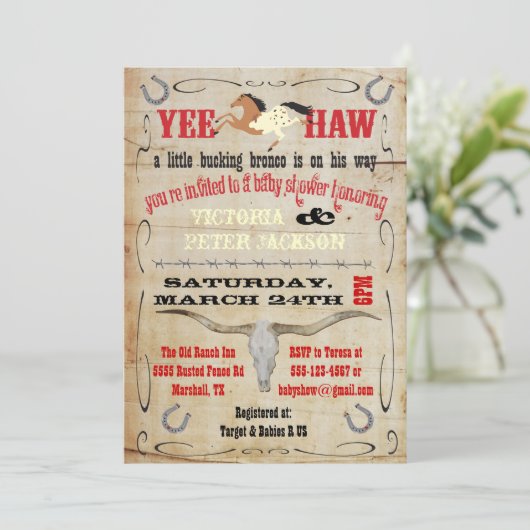 カウボーイバッキングブロンコカップル赤ちゃんシャワー 招待状 (スタンド正面)