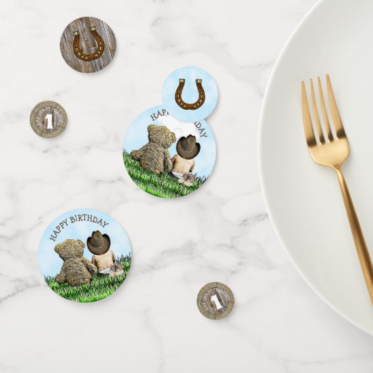 カウボーイパーソナライズされたとテディベアファースト誕生日 コンフェッティ (グループ)