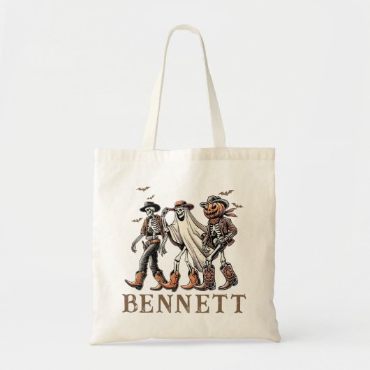 カウボーイパーソナライズされたスケルトンのトリックまたはキャンディの治療 トートバッグ (正面)