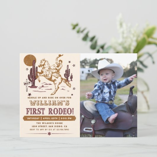カウボーイファーストロデオウェスタン誕生日写真 招待状 (スタンド正面)