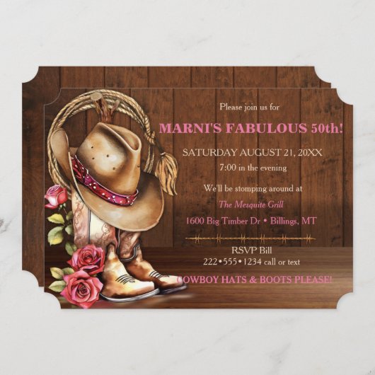 カウボーイフェミニンハットブーツバラウッドウェスタン 招待状 (正面/裏面)
