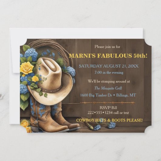 カウボーイフェミニンハットブーツバラウッドウェスタン 招待状 (正面)