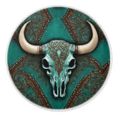 カウボーイブラウンターコイズウエスタンカントリーブルスカル セラミックノブ (正面)