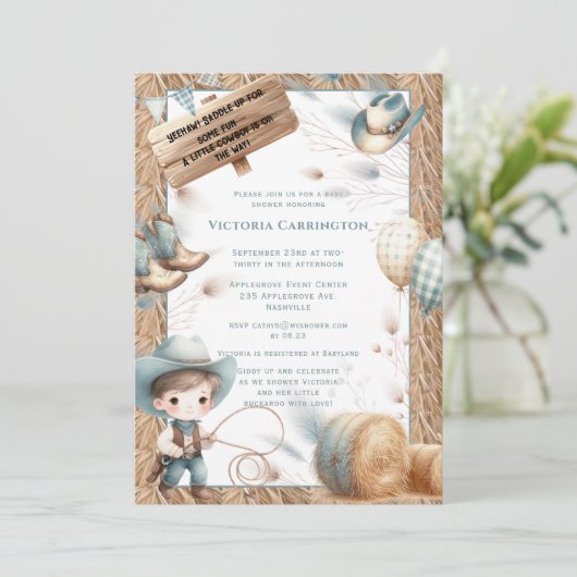 カウボーイブルーウェスタンボーイベビーシャワー 招待状 (スタンド正面)