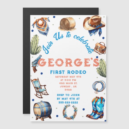 カウボーイブルーウエスタンワイルドウエスト誕生日 マグネット招待状 (正面/裏面)