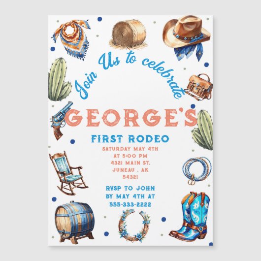カウボーイブルーウエスタンワイルドウエスト誕生日 マグネット招待状 (正面)