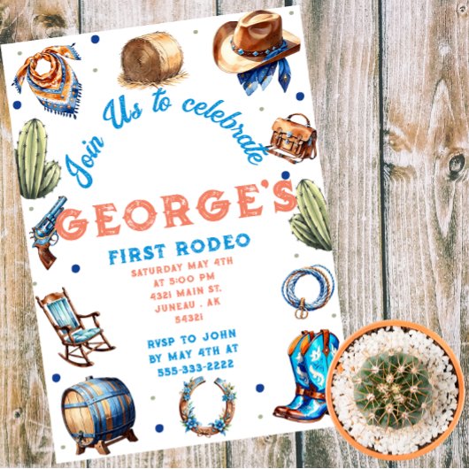 カウボーイブルーウエスタンワイルドウエスト誕生日 マグネット招待状
