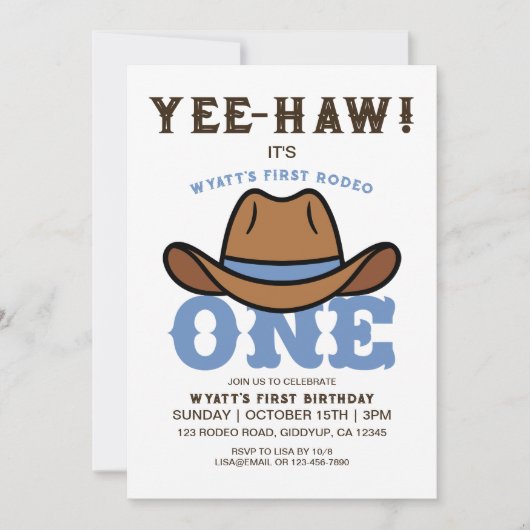カウボーイブルーファーストロデオファースト誕生日 招待状 (正面)