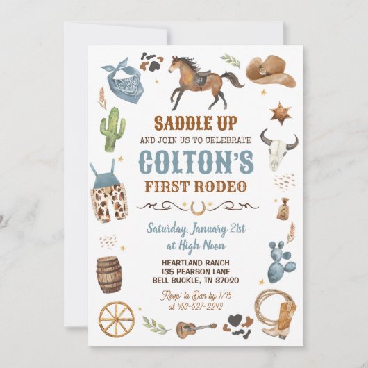 カウボーイブルー1stロデオワイルドウエストテーマ誕生日 招待状 (正面)