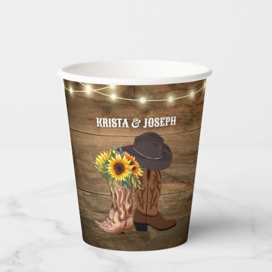 カウボーイブーツとひまわりのウェスタンウェディング 紙コップ (正面)