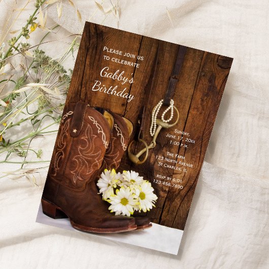 カウボーイブーツとデイジーカントリーバースデーパーティー 招待状