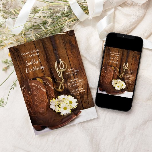 カウボーイブーツとデイジーカントリーバースデーパーティー 招待状