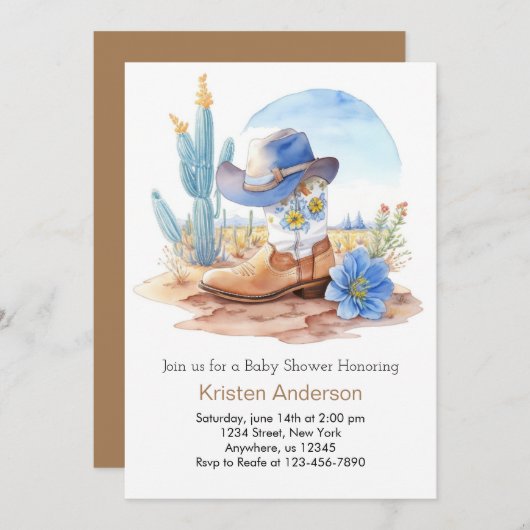 カウボーイブーツとハットベビーシャワー 招待状 (正面/裏面)