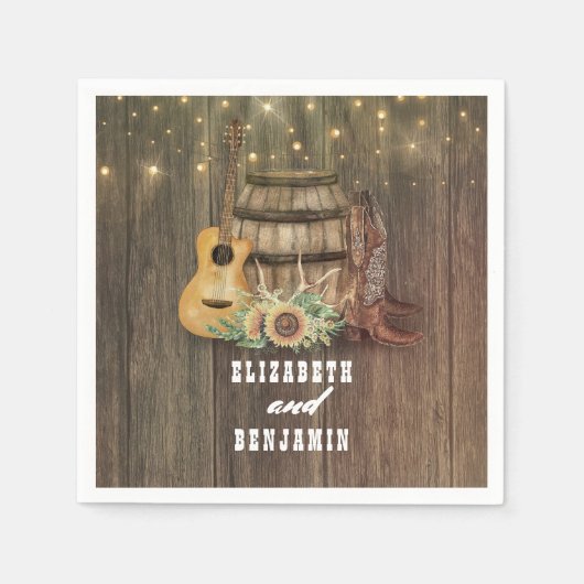 カウボーイブーツとヒマワリのワインバレル スタンダードカクテルナプキン (正面)