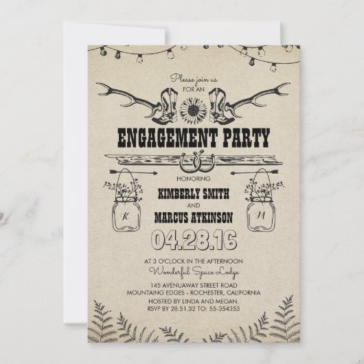 カウボーイブーツとマスンジャーを使ったカントリーウェスタン風のエンゲージメントパーティー 招待状 (正面)